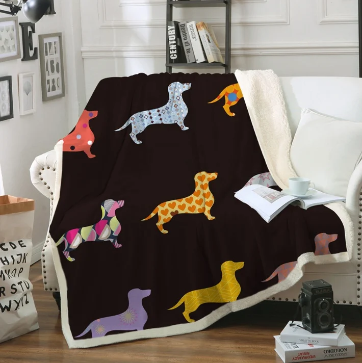 Sherpa Fleece Throw Blanket with Dachshund or Tiger Print, Soft Plush Reversible Throw