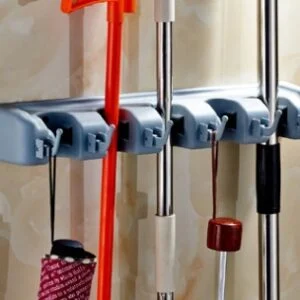 Wall-Mounted Mop and Broom Holder with 3, 4 or 5 Slots and Hooks, Garage and Utility Organizer