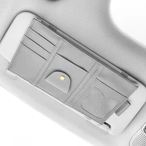 Car Sun Visor Organizer, PU Leather Zippered Holder for Registration, Cards, Pens and Sunglasses