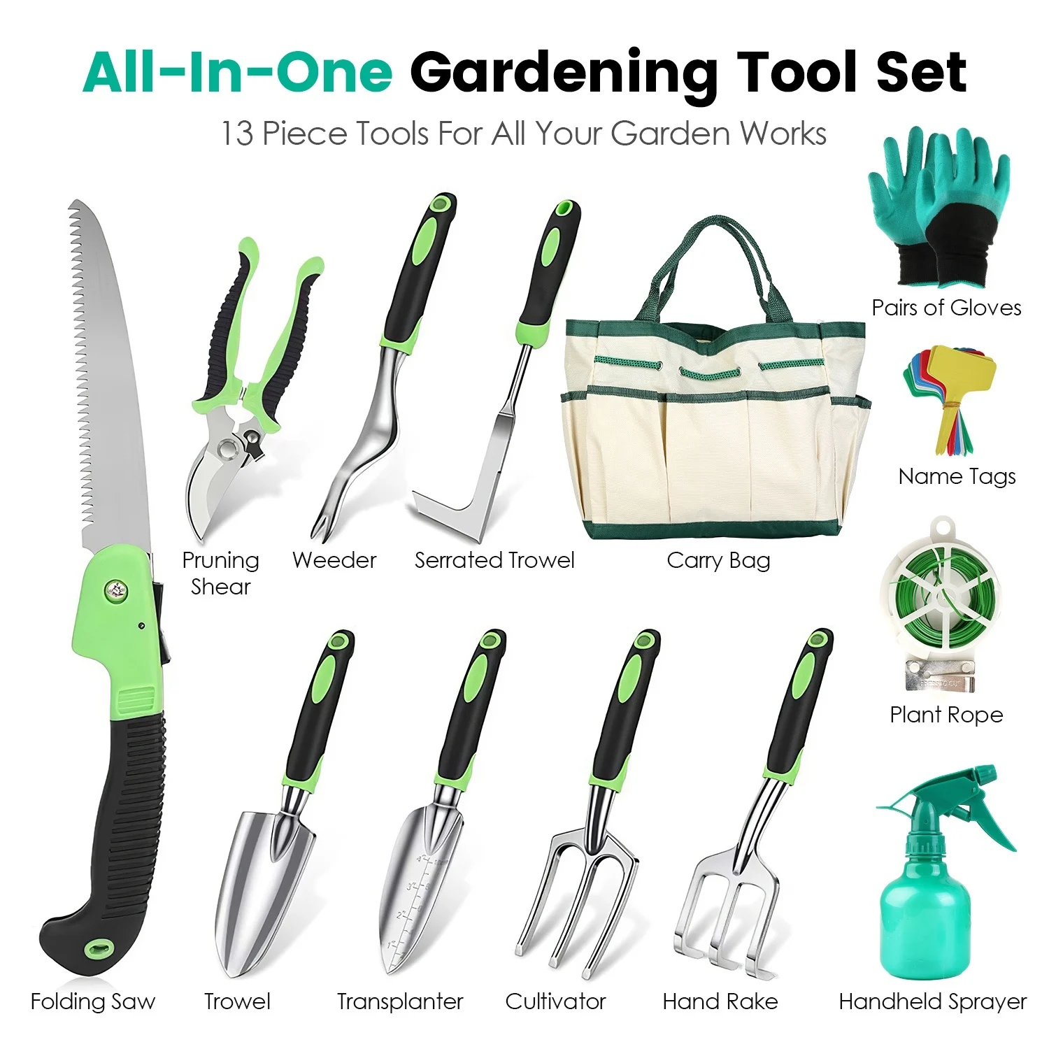 Garden Tool Set, 13 Pieces with Pruning Shears, Trowel and Carry Bag