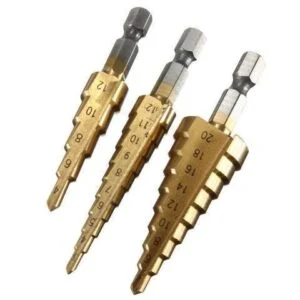 Titanium Coated HSS Step Drill Bit Set, 3 Pieces with Quick-Change Hex Shank