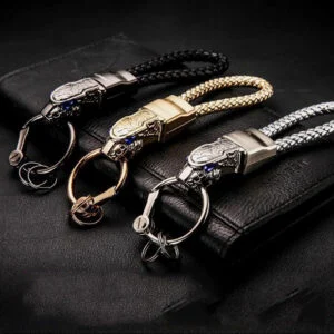 Braided Leather Keychain with Metal Clip, Hand-Woven Key Ring