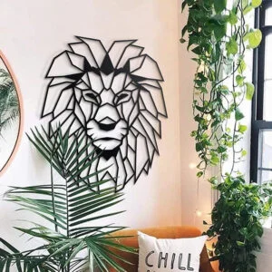 Geometric Lion Head Metal Wall Art, Black Iron Wall Decor