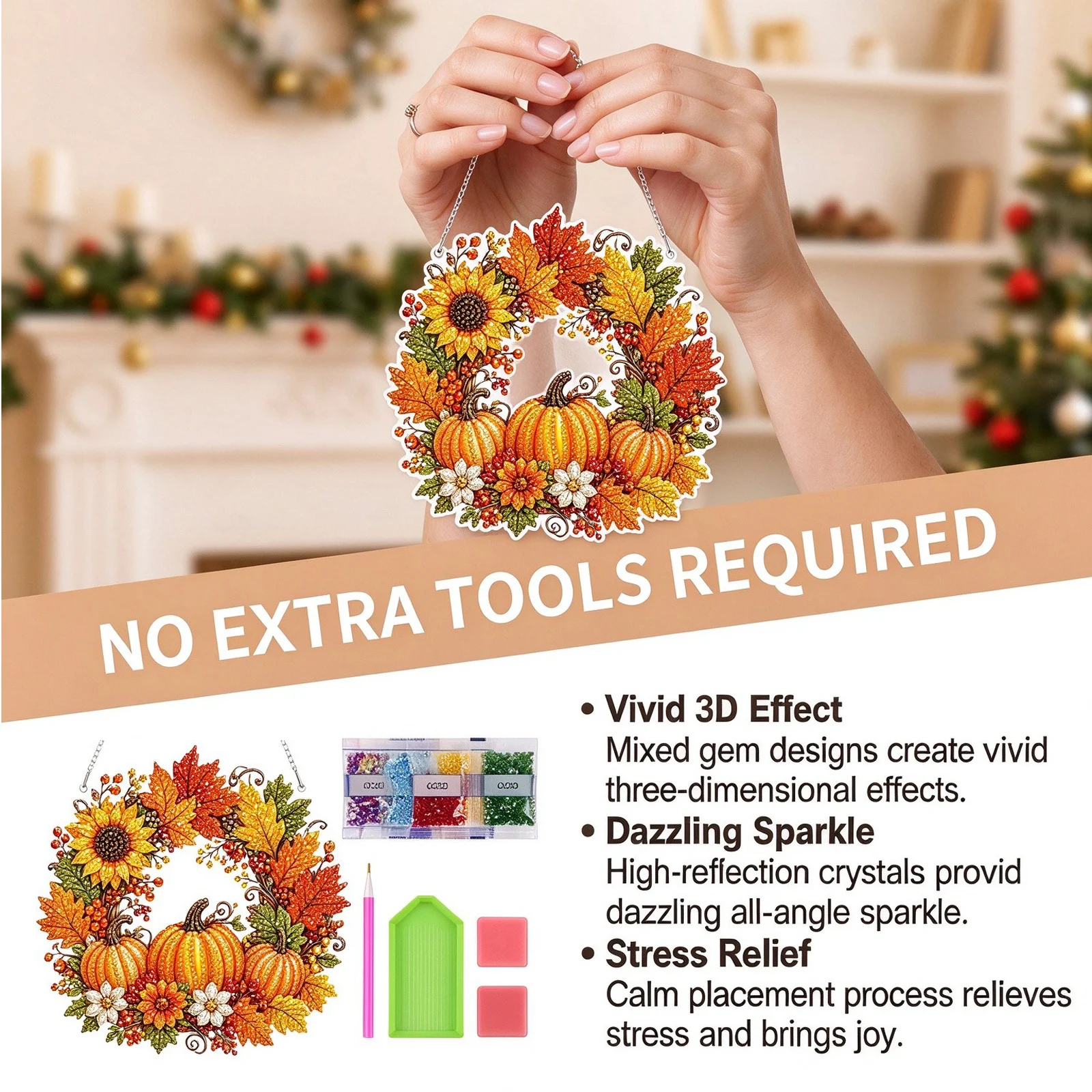 Fall Pumpkin Wreath Diamond Art Kit, DIY Hanging Ornament - Image 4