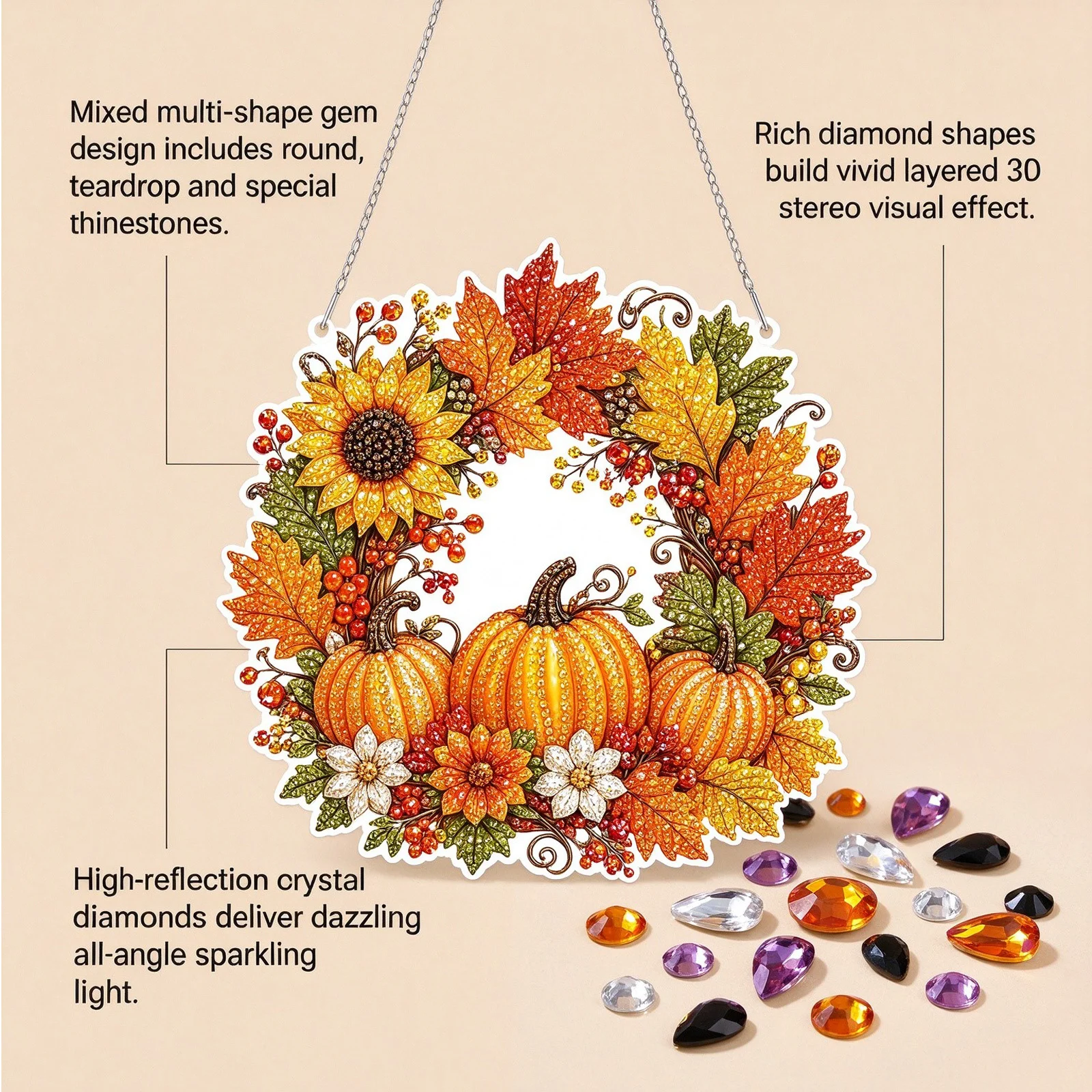 Fall Pumpkin Wreath Diamond Art Kit, DIY Hanging Ornament - Image 3