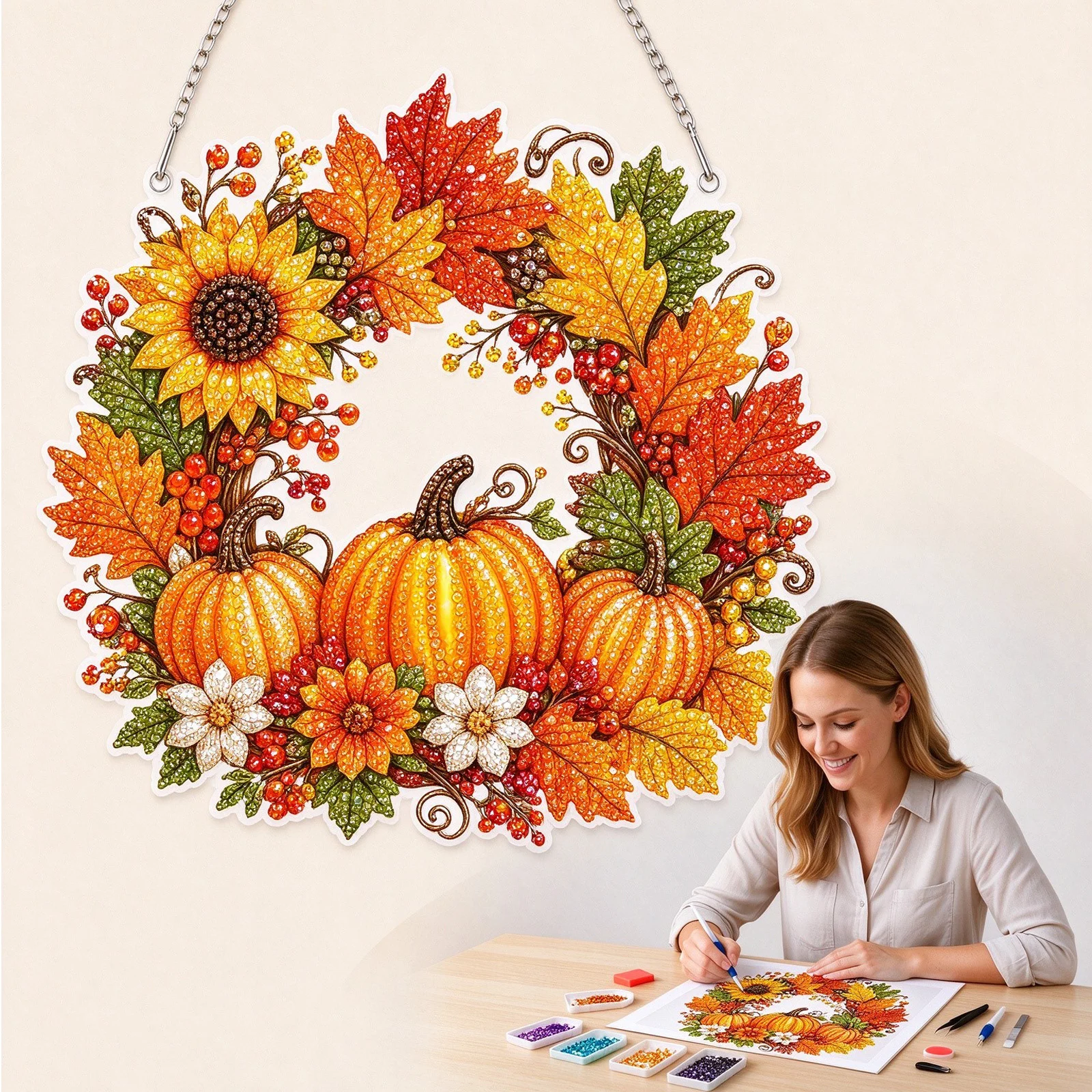 Fall Pumpkin Wreath Diamond Art Kit, DIY Hanging Ornament
