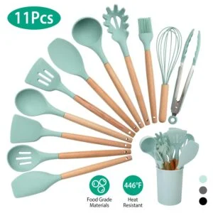 Silicone Cooking Utensil Set, 11 Pieces with Wooden Handles and Holder