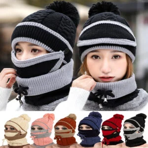 Women's 3-Piece Winter Set, Pom Pom Knit Beanie, Neck Warmer and Face Cover